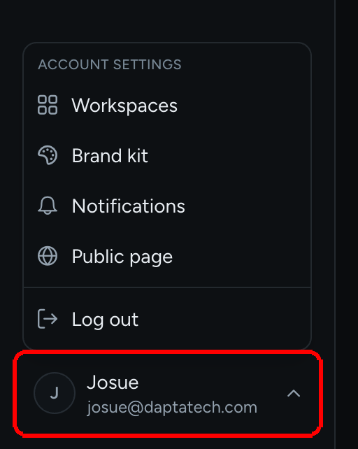 The account menu opened from the profile button, listing Workspaces, Brand kit, Notifications, Public page and Log out
