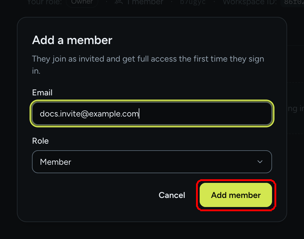 The Add a member dialog with an email filled in and the Add member button highlighted