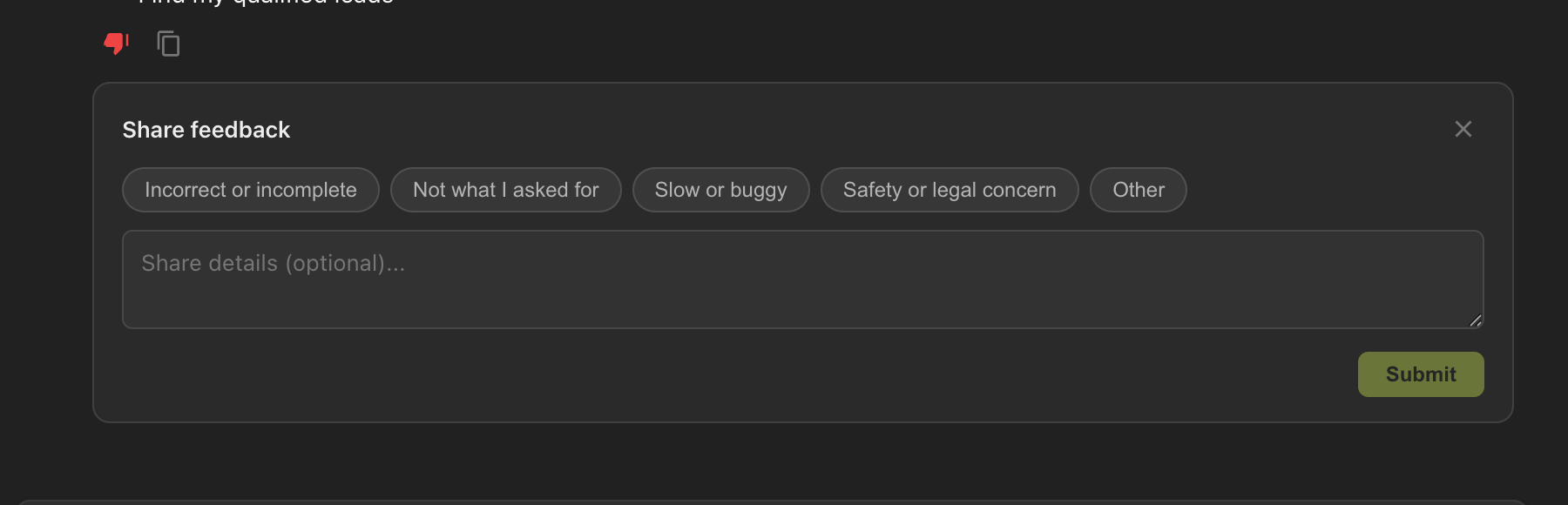 Share feedback panel with reason categories and a text field for additional details