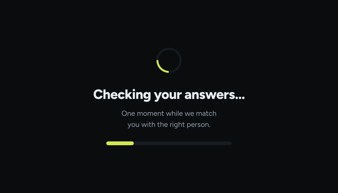The live form playing a reveal screen: a spinner, the headline Checking your answers… and a progress bar