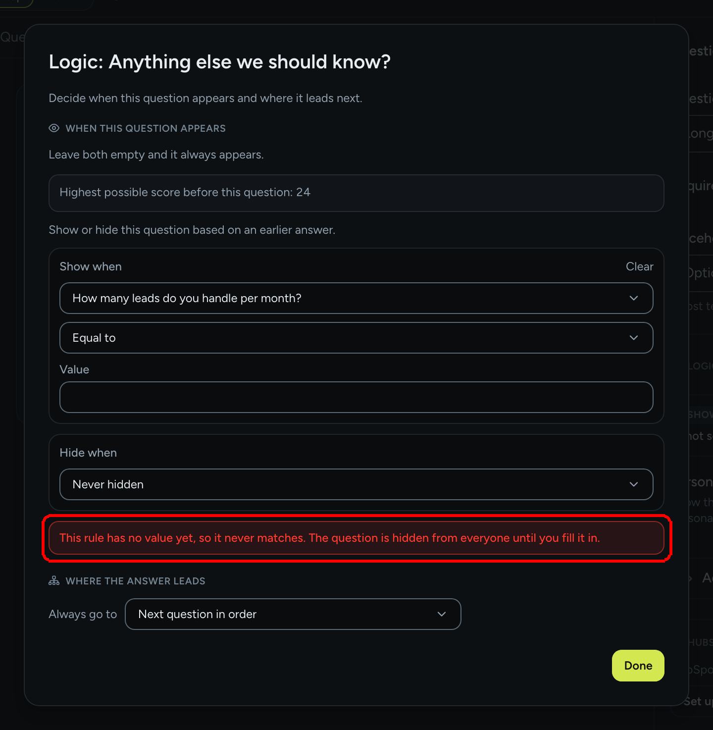 The Logic dialog with a slider Show when rule that has an empty Value field, and the red warning This rule has no value yet highlighted