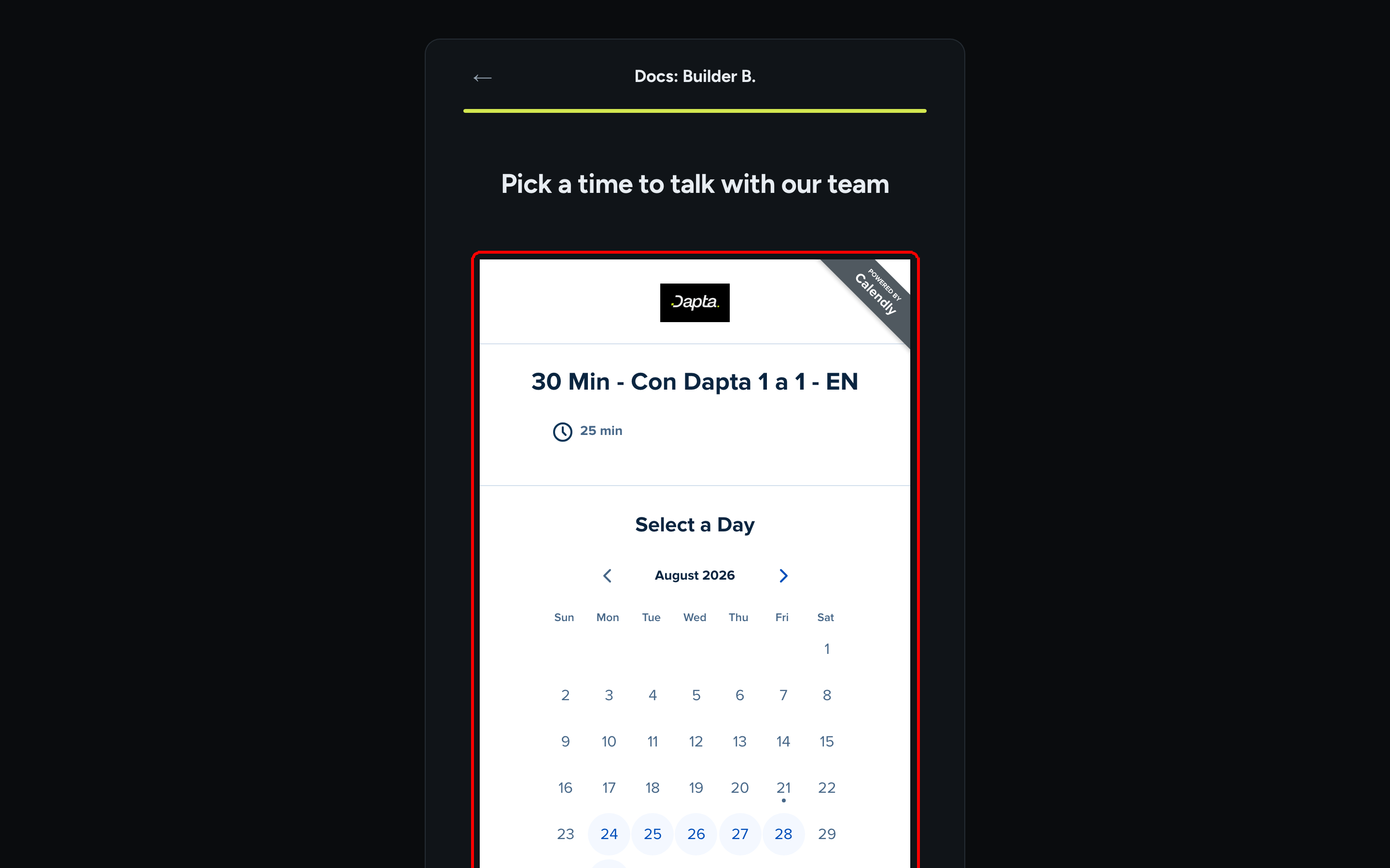 The live form showing a Scheduler step with the Calendly calendar embedded under the question title