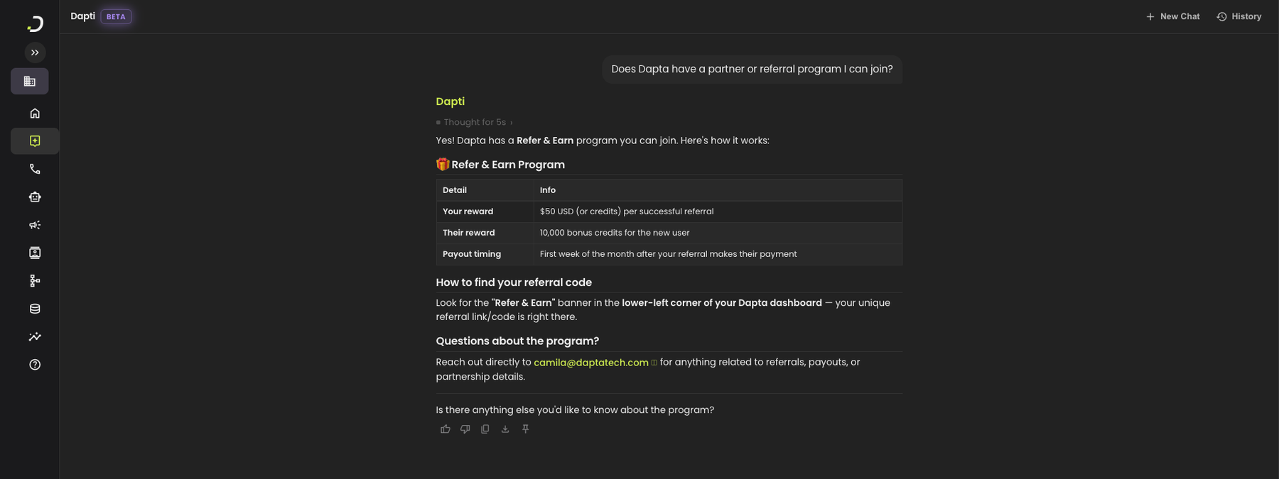 Dapti explaining the Dapta Refer and Earn program with a table showing the reward ($50 USD or credits per successful referral), the new user reward (10,000 bonus credits), and payout timing (first week of the month after the referral makes their payment), plus instructions for finding the referral banner in the dashboard and a contact email for program questions