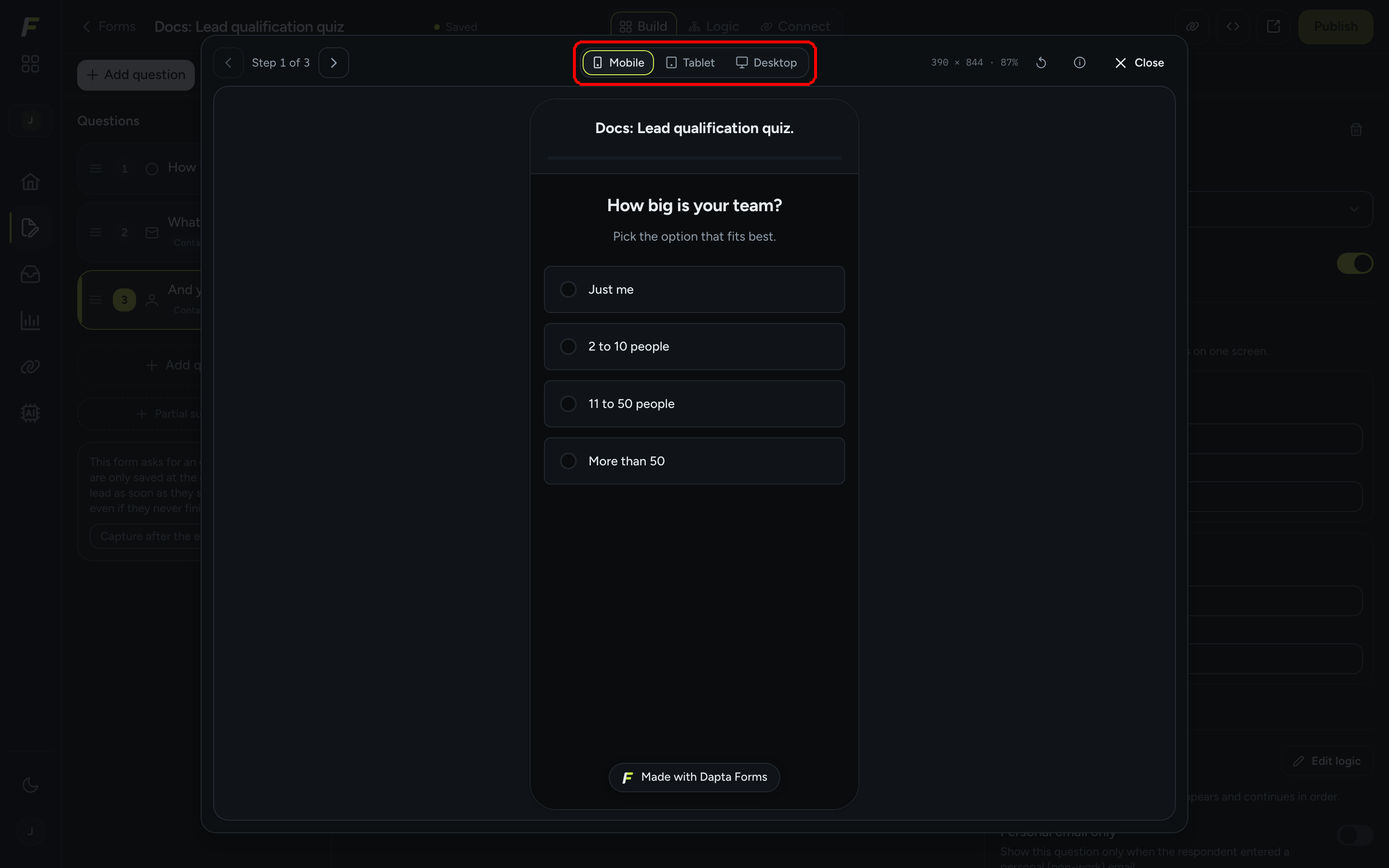 Preview modal showing the form inside a mobile phone frame with Mobile, Tablet and Desktop switches