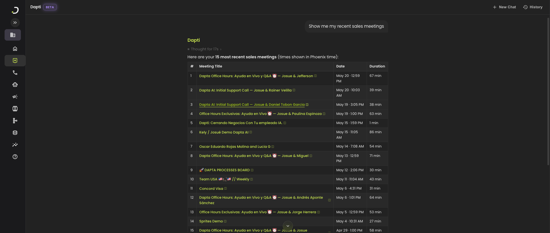 Dapti listing 15 recent sales meetings in a table showing meeting title, date and time in the user's timezone, and duration in minutes, with each meeting title as a clickable link