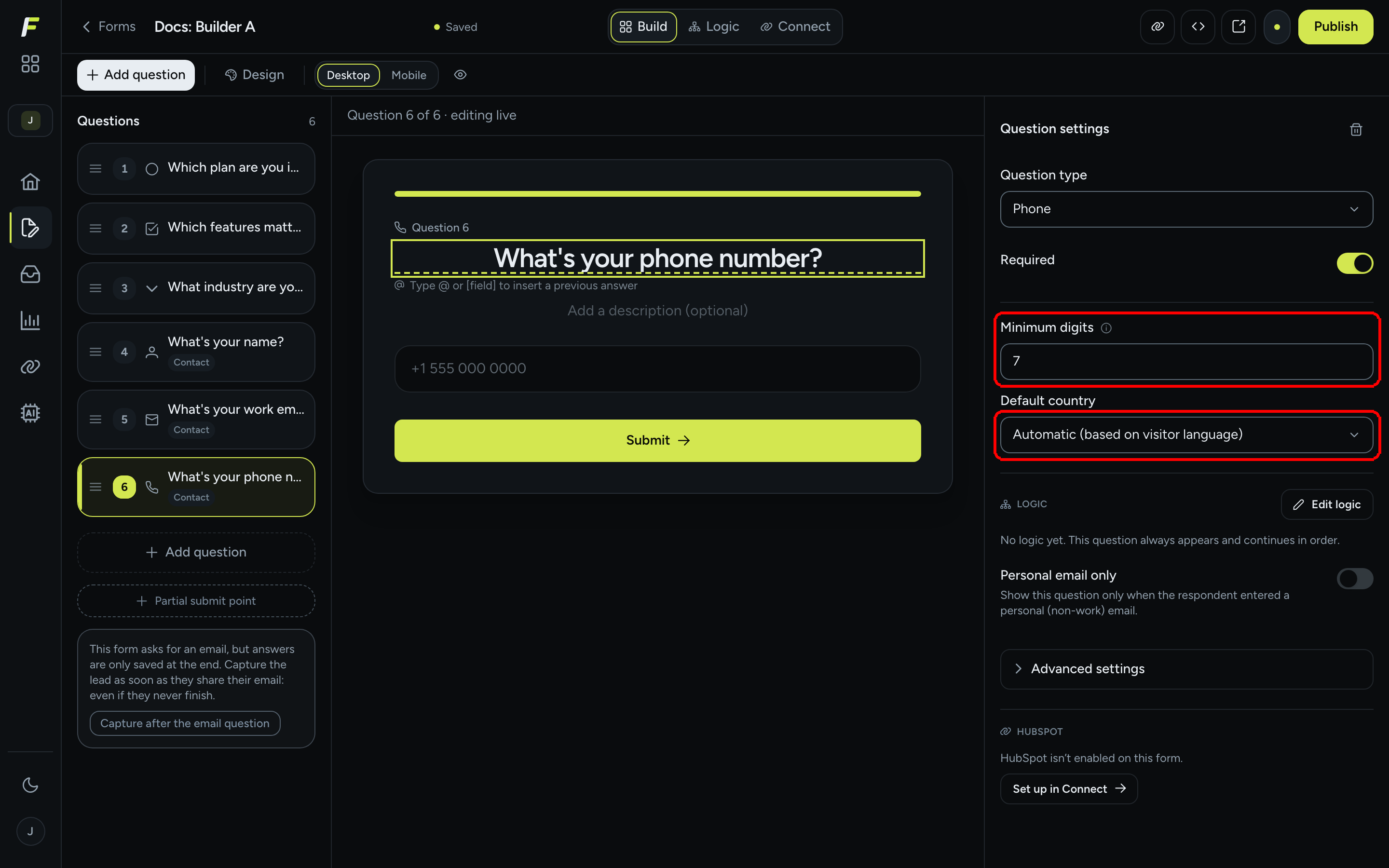 Phone question settings showing Minimum digits set to 7 and Default country set to Automatic (based on visitor language)