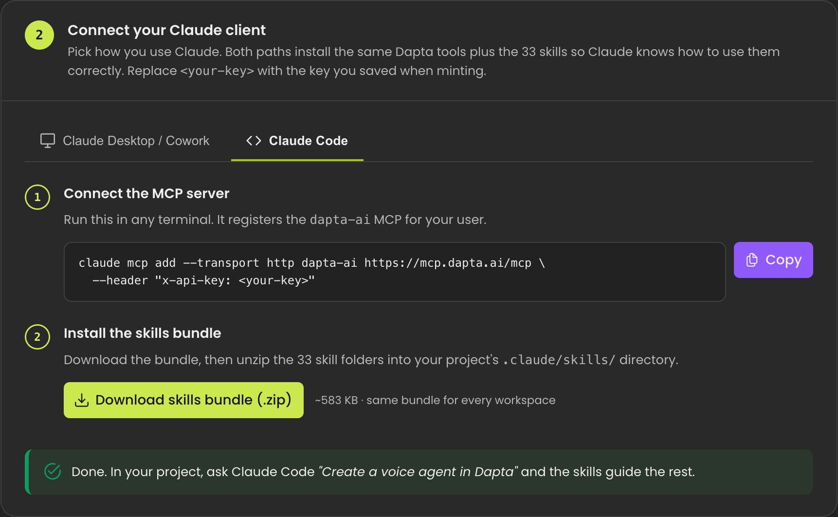 The Connect your Claude client card in Dapta with the Claude Code tab selected, showing the claude mcp add command with a Copy button