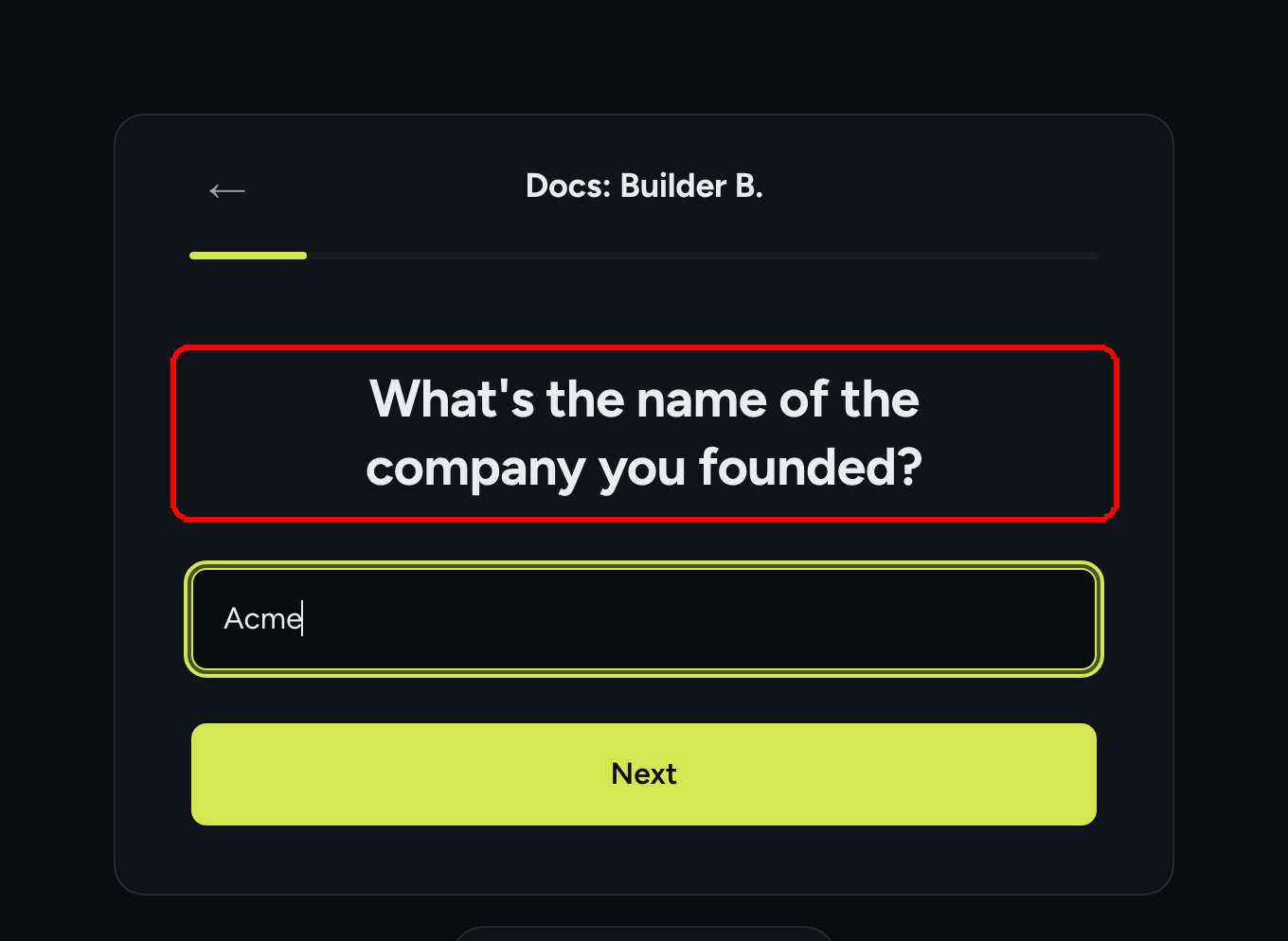 The live form showing the title What's the name of the company you founded? after the respondent picked Founder on the previous question
