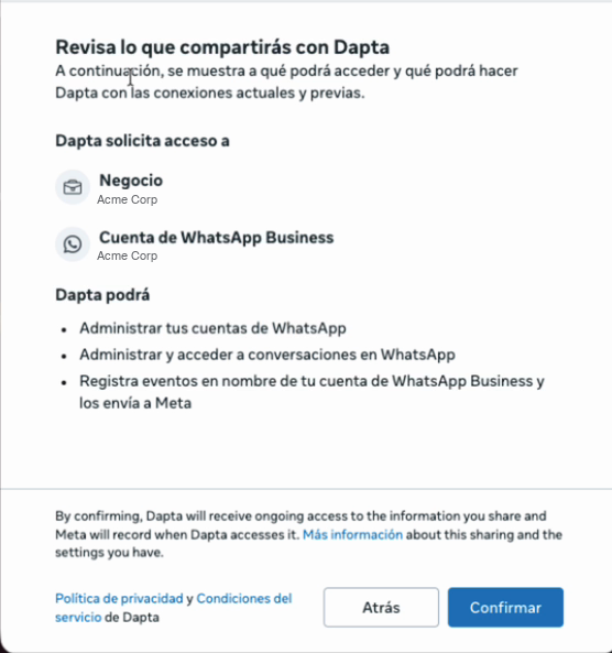 Meta's window listing the access Dapta requests, with the Confirm button