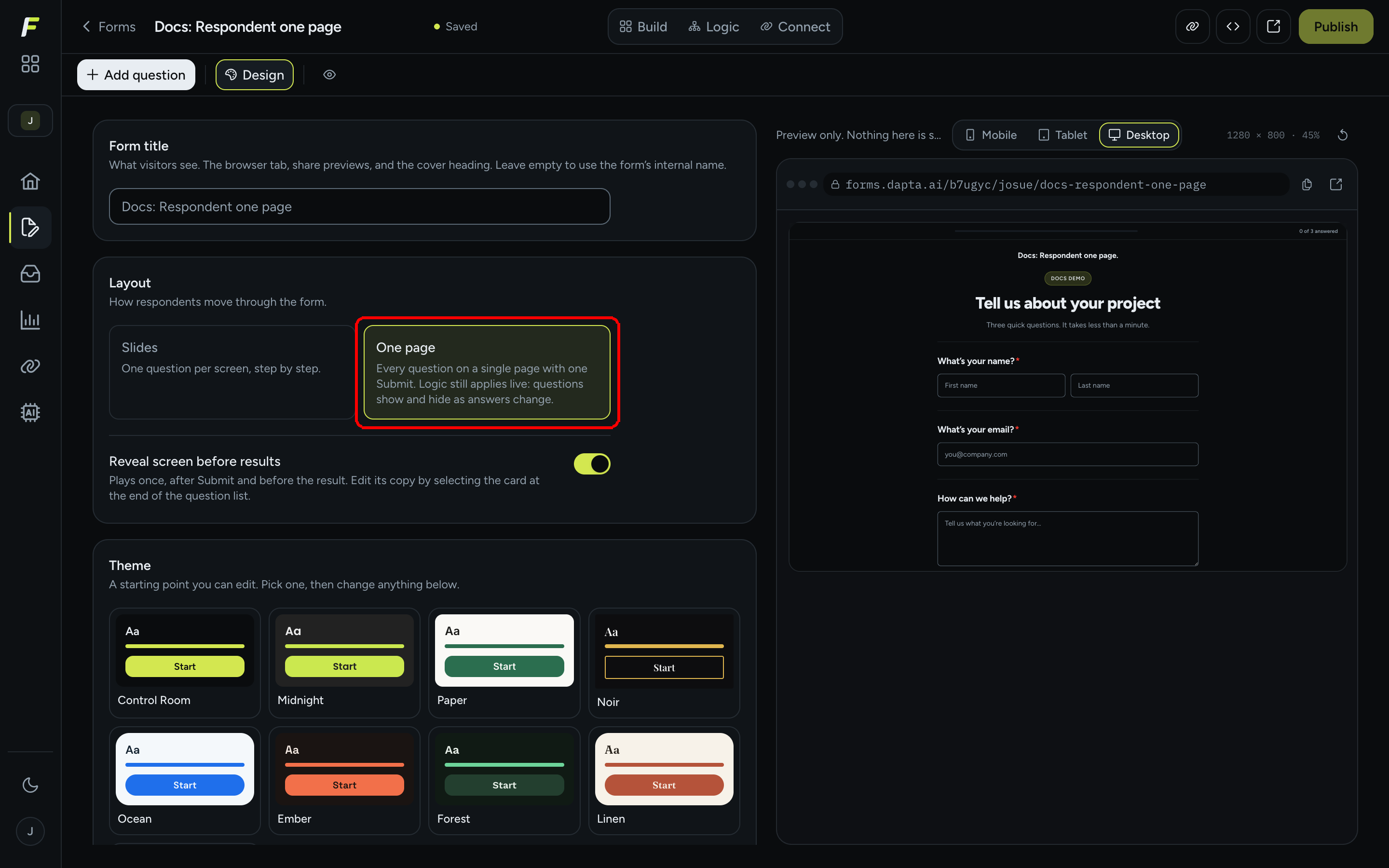 The Design panel Layout section with One page selected