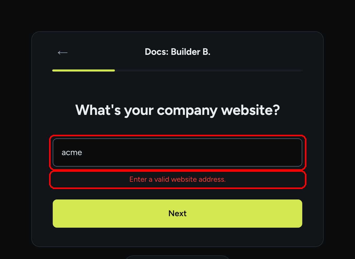 The live form showing a Website question with the text acme typed in and the error Enter a valid website address.