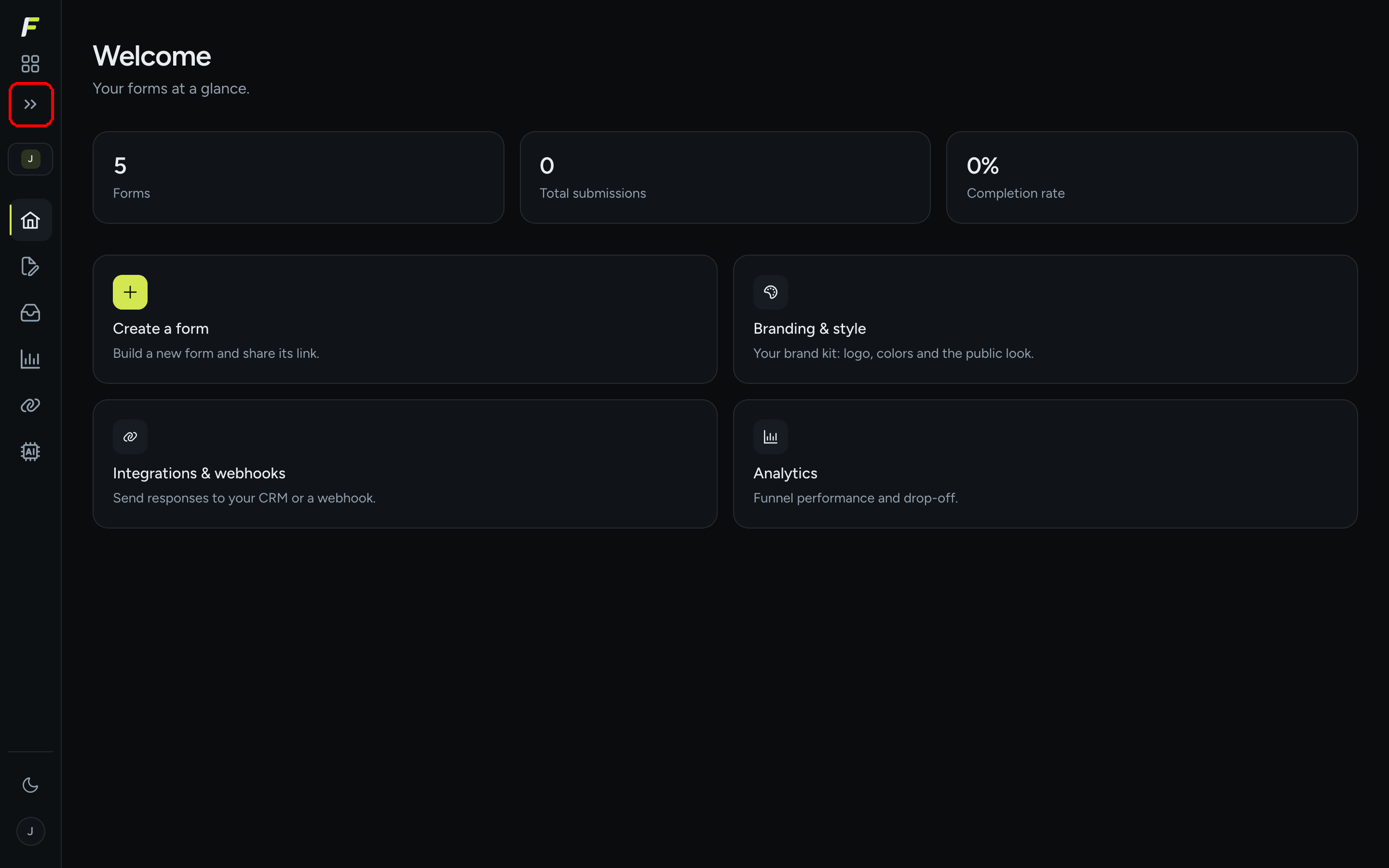 The dashboard with the left menu collapsed to icons and the Expand sidebar chevron highlighted