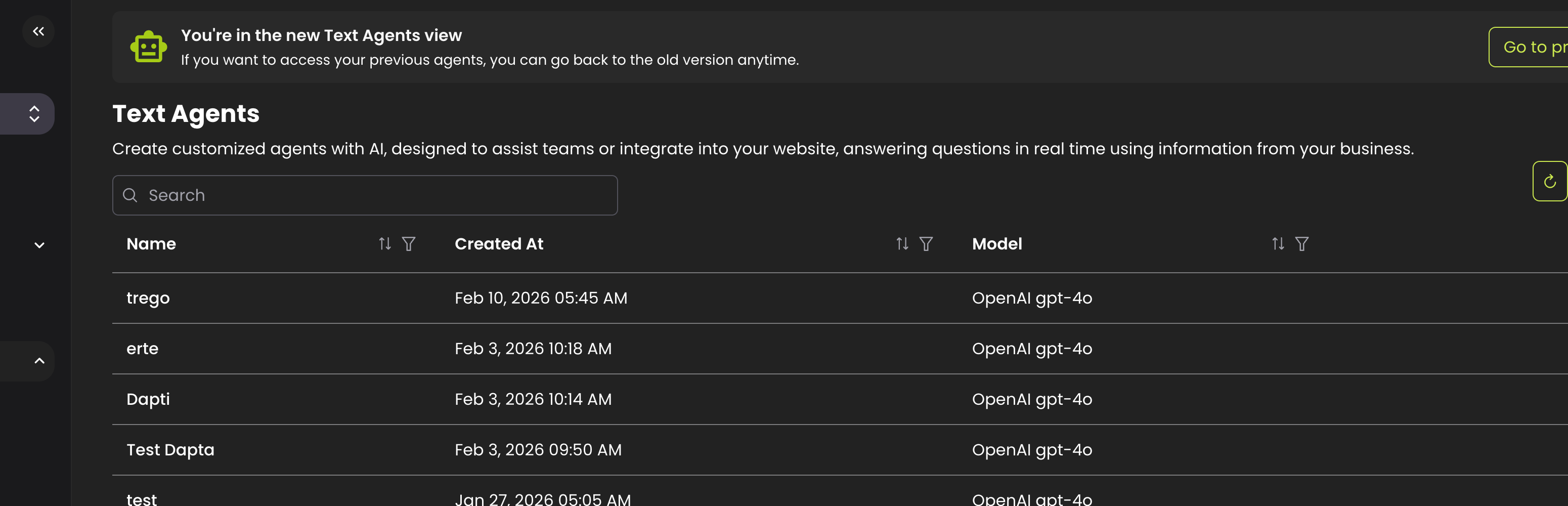 Text Agents list showing your available agents