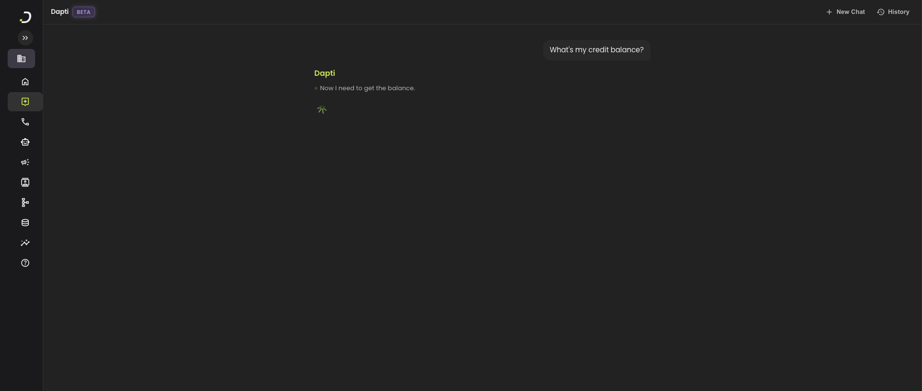 Dapti mid-response showing the user's question, the Dapti label, a reasoning line, and a loading spinner