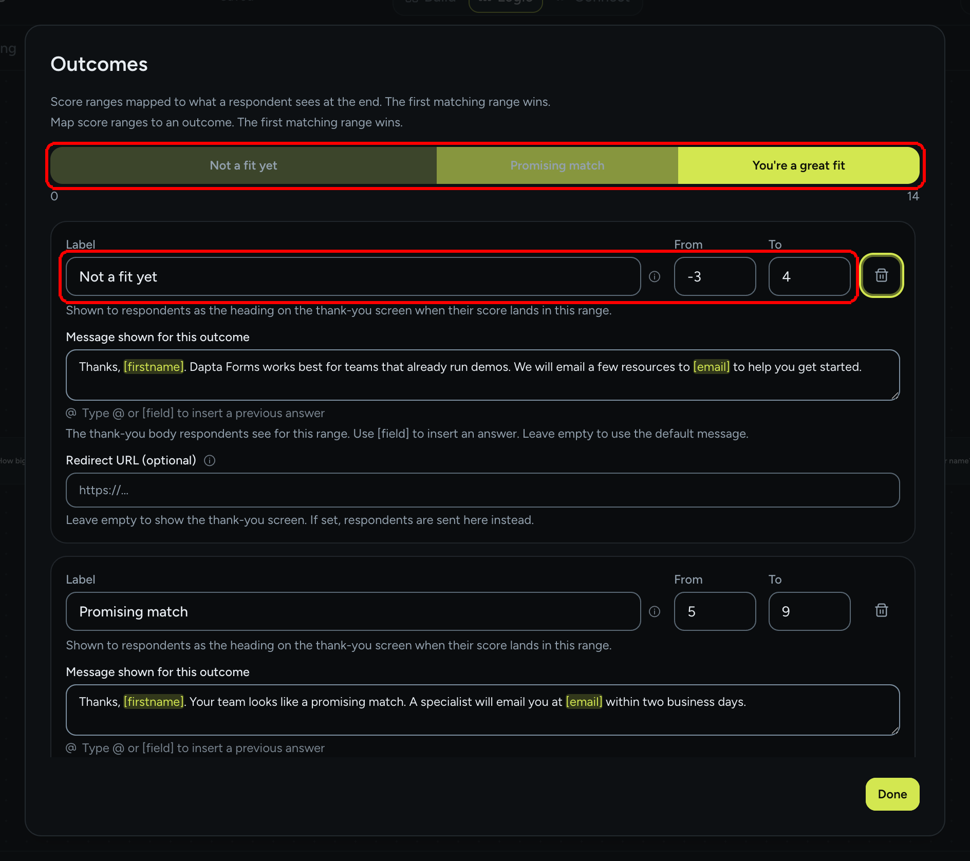 The Outcomes dialog with a three-segment score bar and the first range: Label Not a fit yet, From -3, To 4