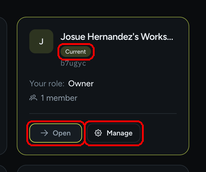 A workspace card showing the Current badge, the account code, Your role Owner, 1 member, and the Open and Manage buttons
