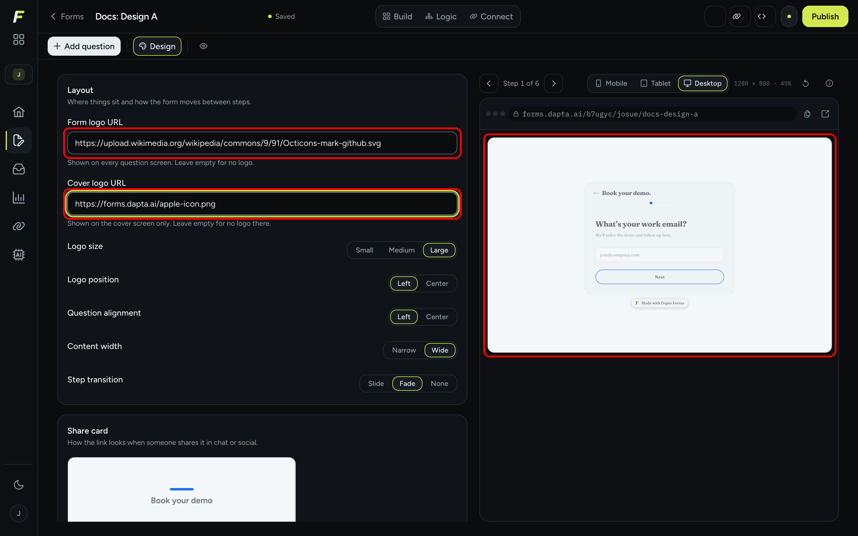 The Layout card with the Form logo URL and Cover logo URL fields filled in, next to the live preview