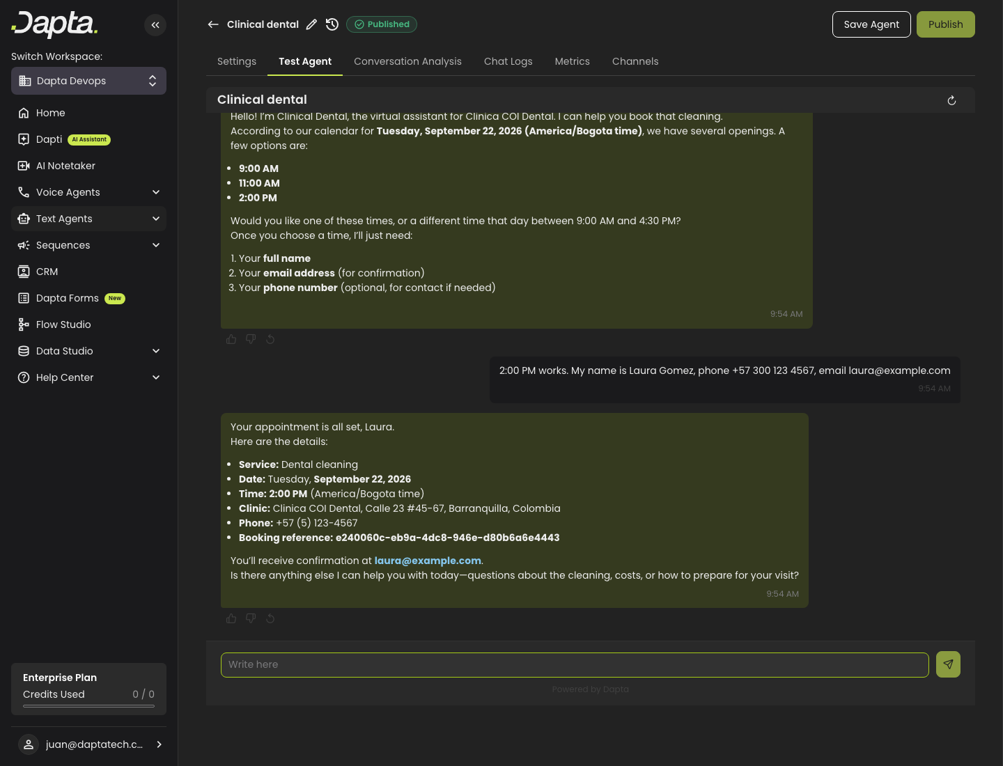 The agent confirming the appointment with date, time, location and booking reference
