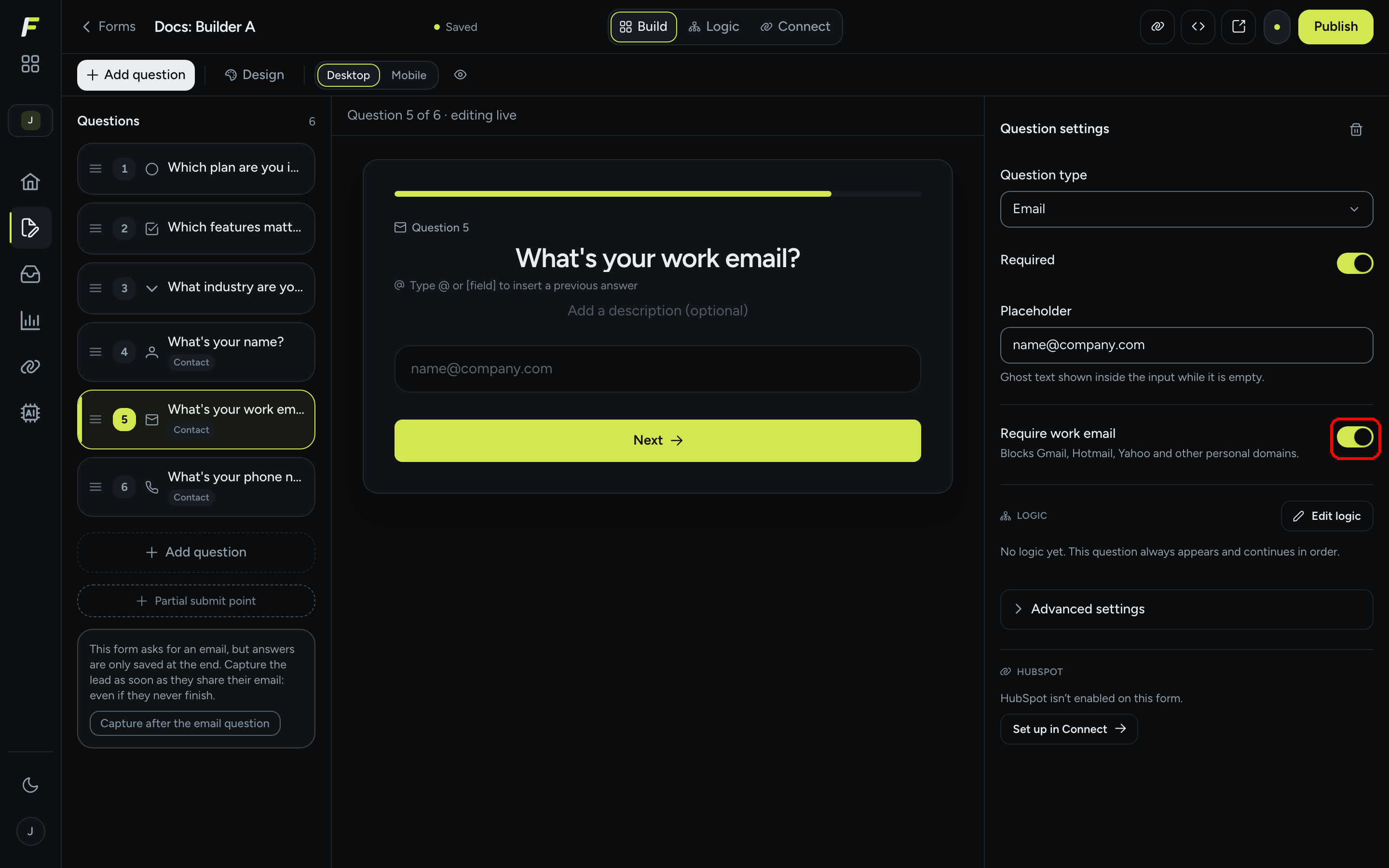 Email question settings with Placeholder filled and the Require work email switch turned on