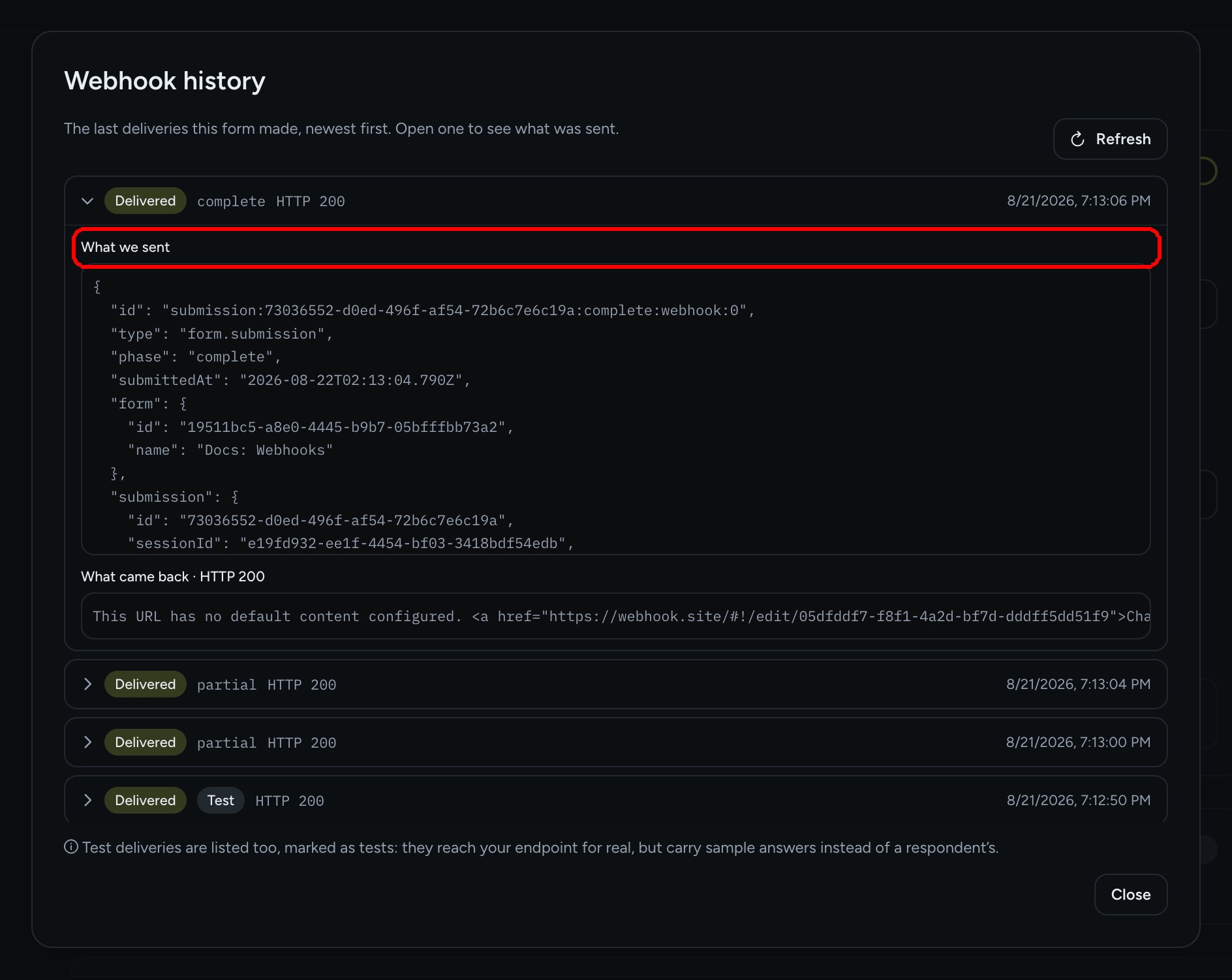 The Webhook history dialog with one delivery expanded, showing the JSON under What we sent