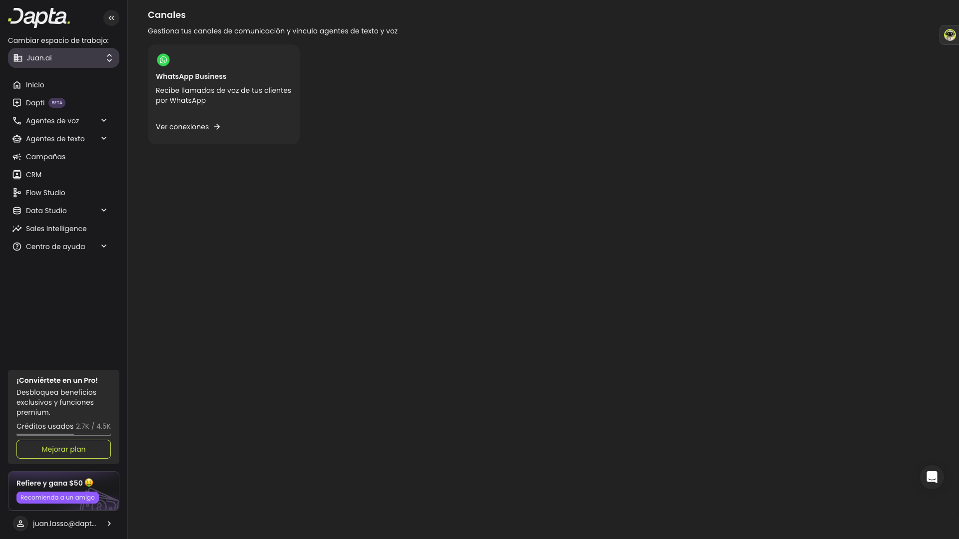 Voice Agent Channels panel showing WhatsApp Business card