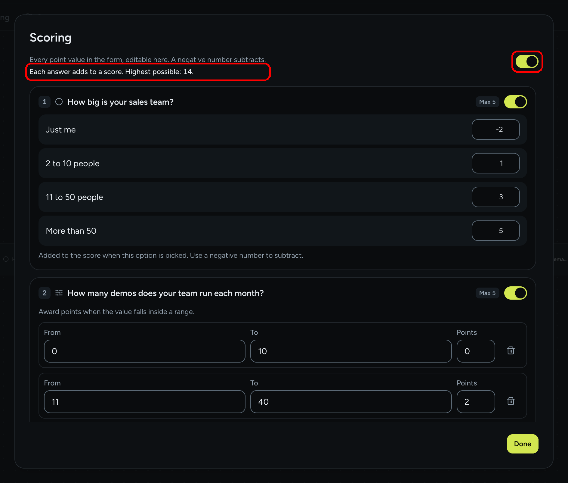 The Scoring dialog with Enable scoring switched on, the line Highest possible: 14, and the points of every question listed