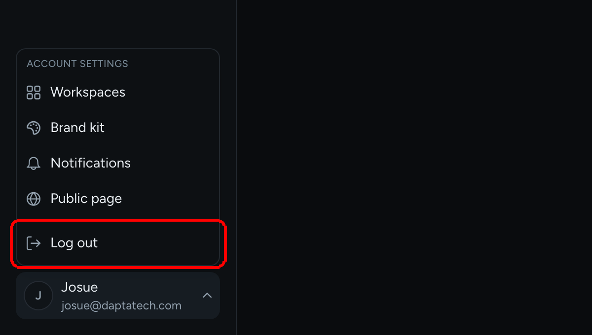The profile menu open at the bottom of the left menu, with Workspaces, Brand kit, Notifications, Public page and Log out, and Log out highlighted