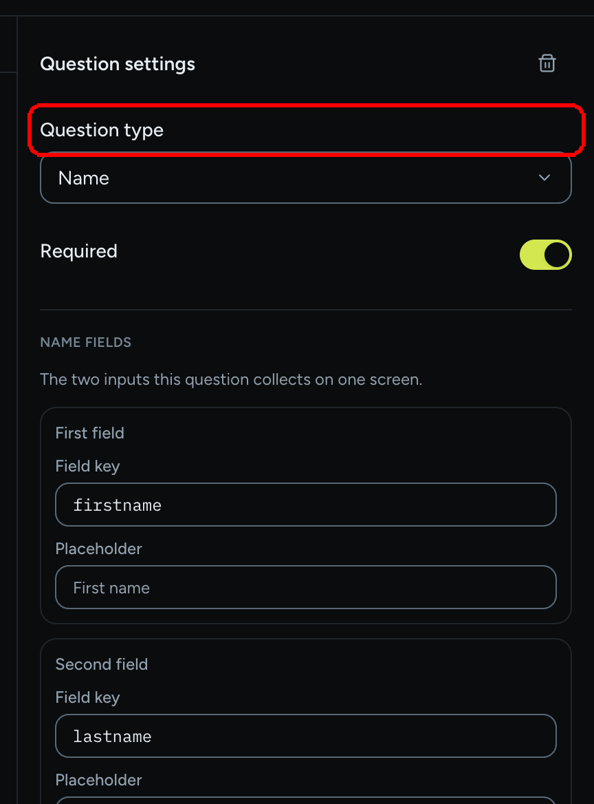 The Question settings pane showing Question type, Required and the type specific settings