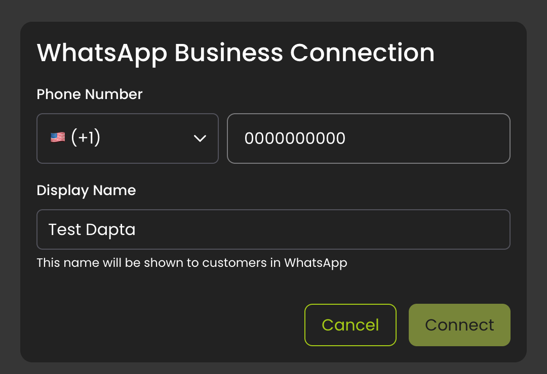 WhatsApp Business Connection modal with phone number and display name fields