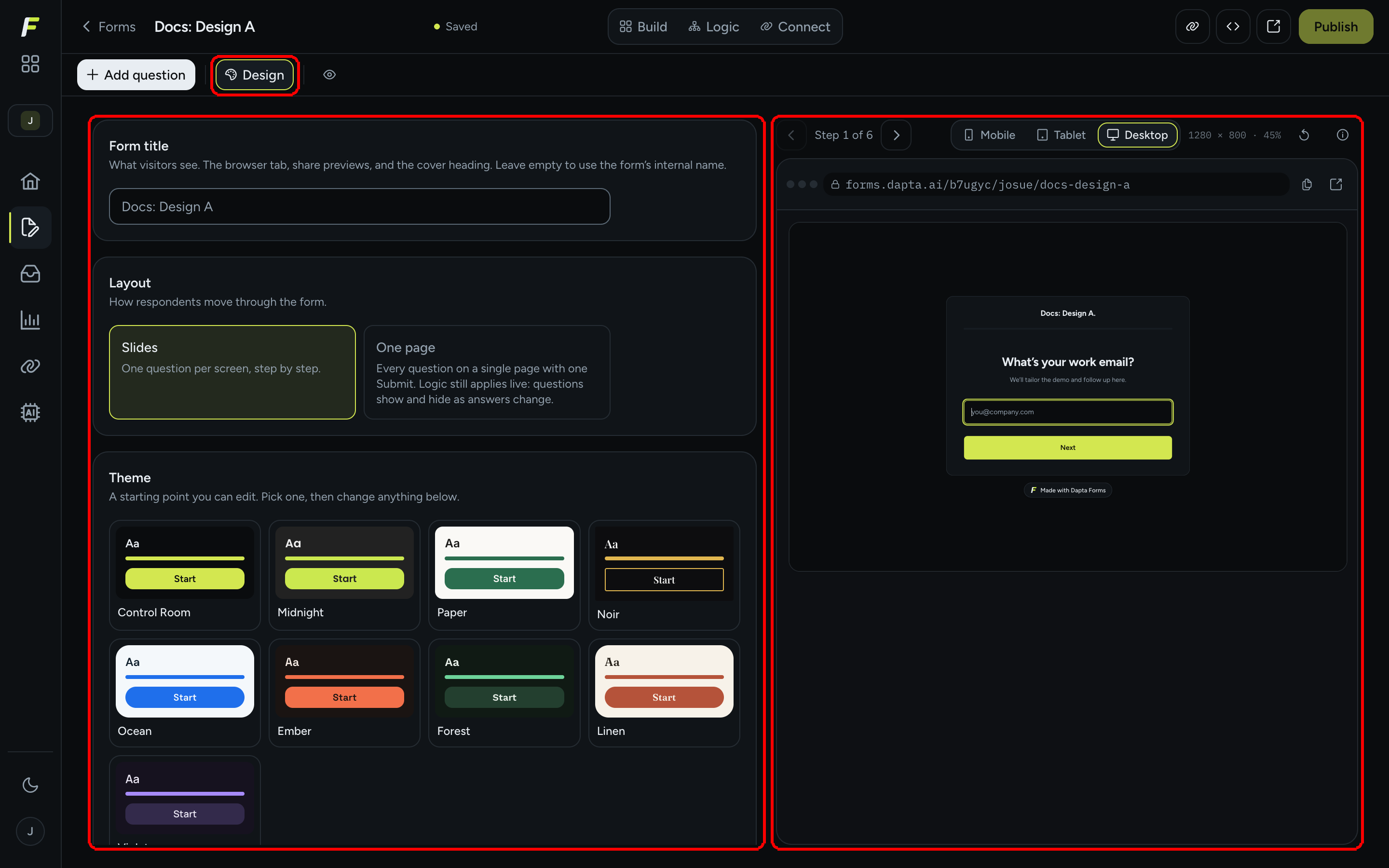 The editor in Design mode: the Design toolbar button is highlighted, the settings column is on the left and the device preview on the right