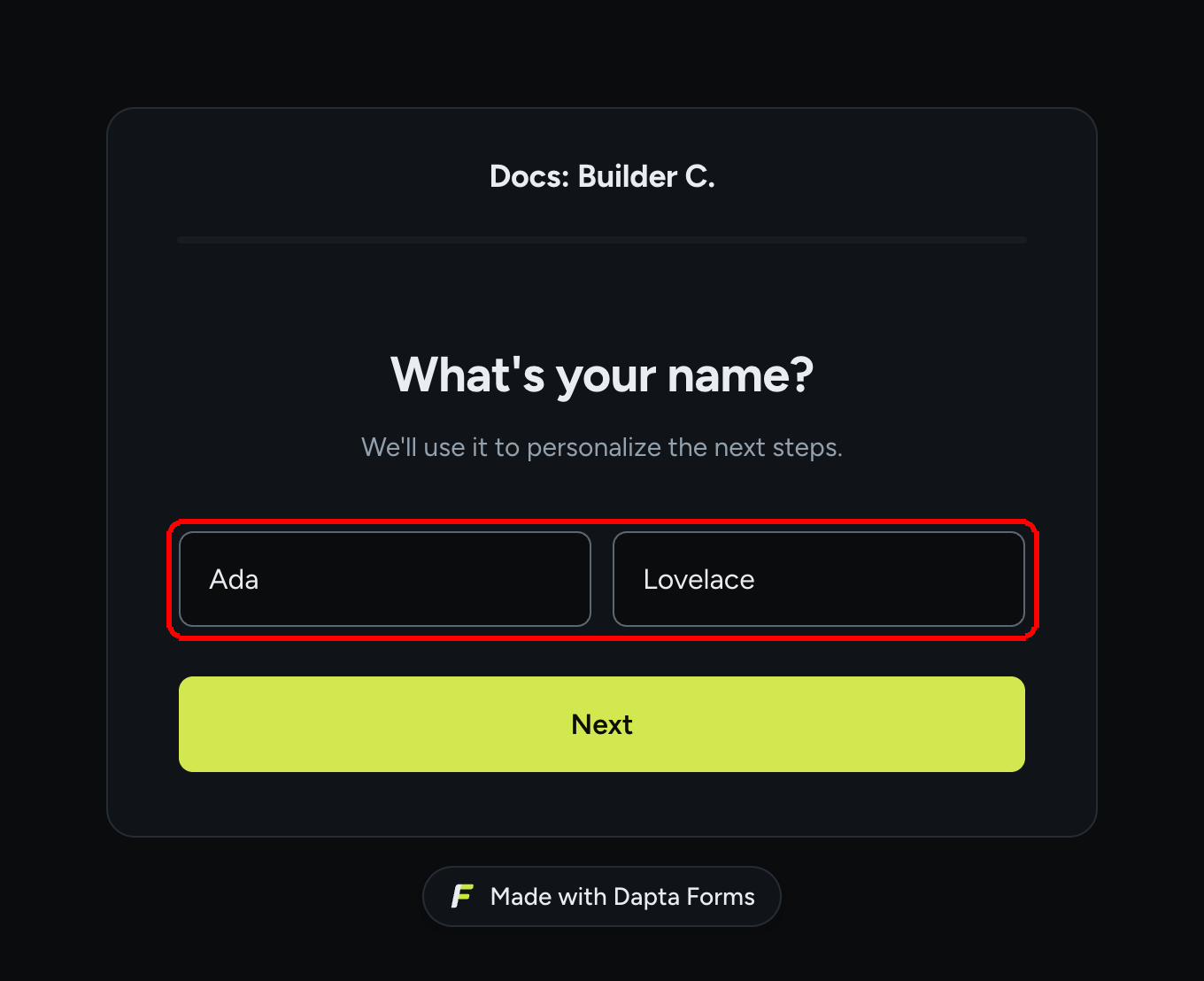 The published form opened from a link with firstname and lastname parameters: the name step shows Ada and Lovelace already filled in