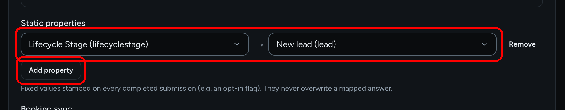 The Static properties section with a Lifecycle Stage property set to New lead and the Add property button