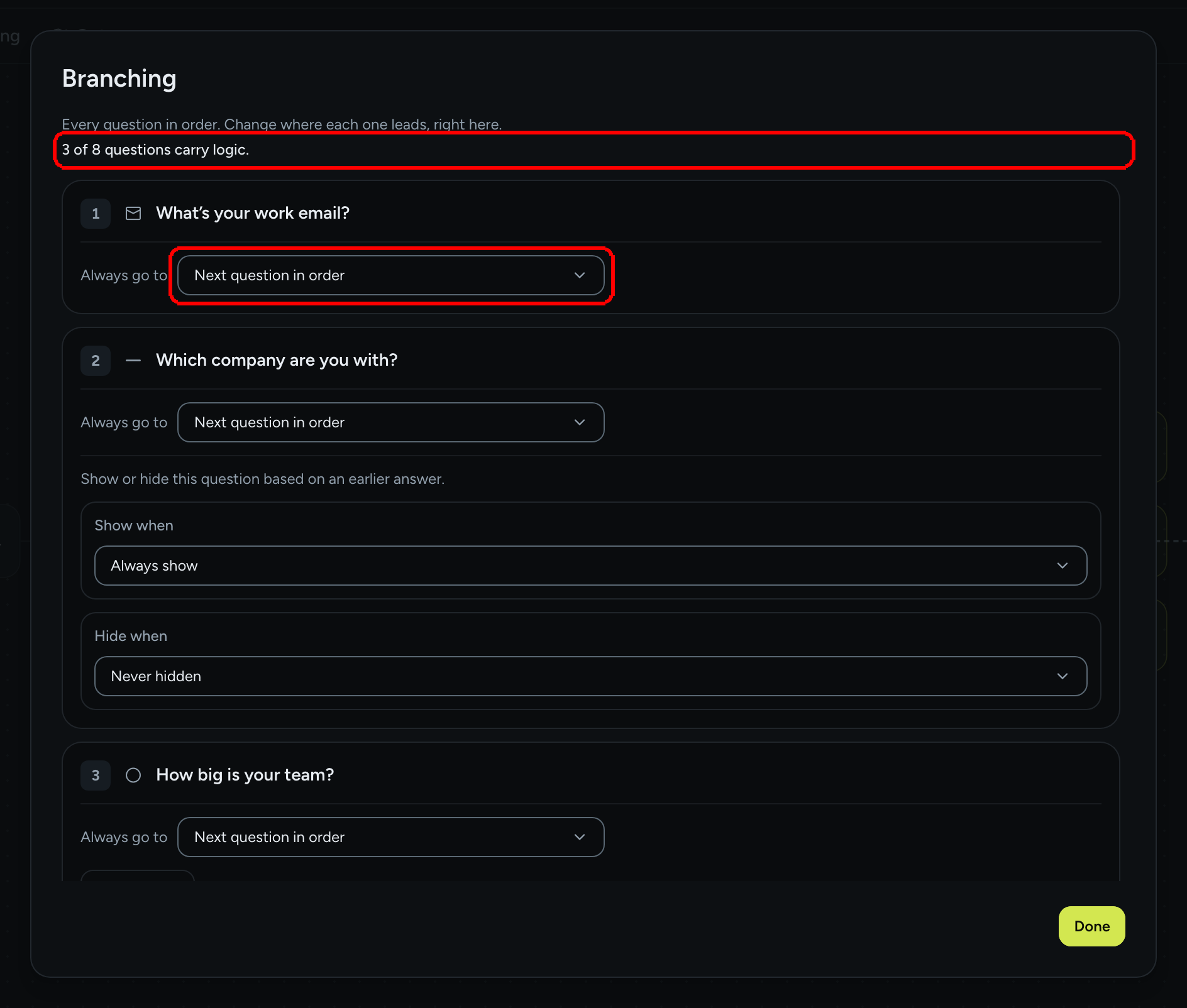The form-wide Branching dialog listing every question with its Always go to dropdown and conditions, with the summary line highlighted