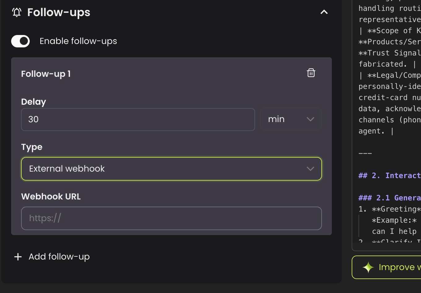 Follow-up configured with External webhook type showing the Webhook URL input