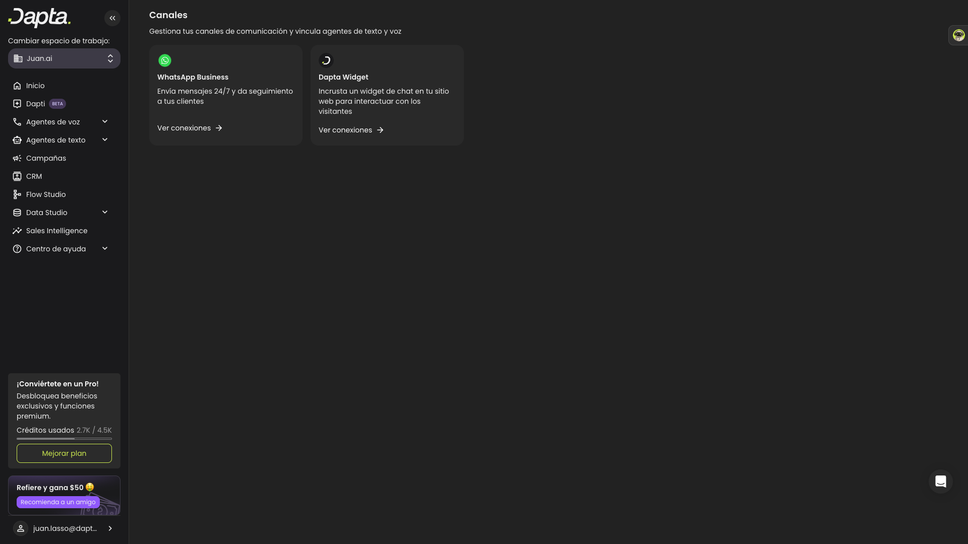 Text Agent Channels panel showing WhatsApp Business and Dapta Widget cards