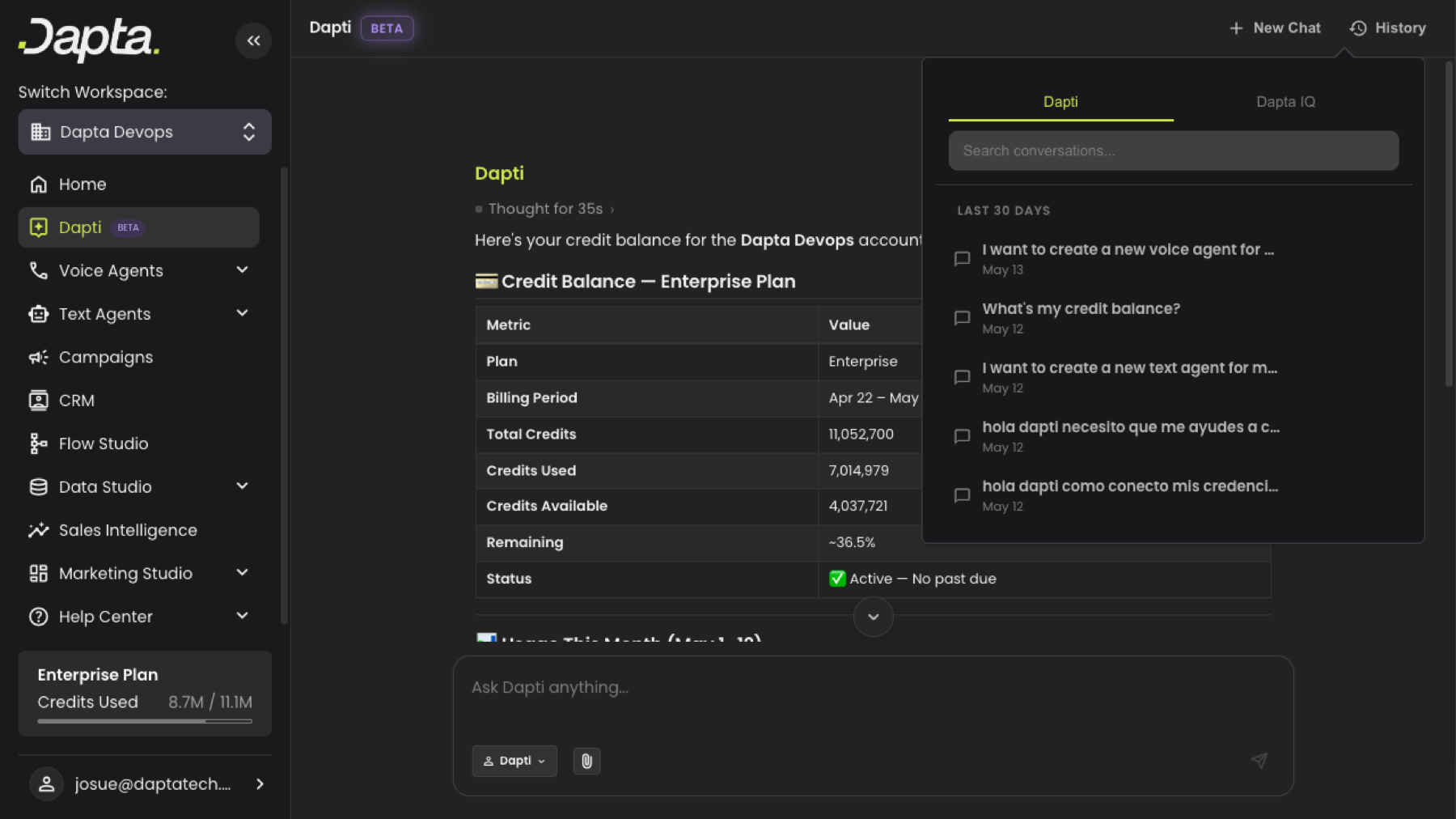 The Dapti history popover showing a search bar and a list of past conversations grouped by date