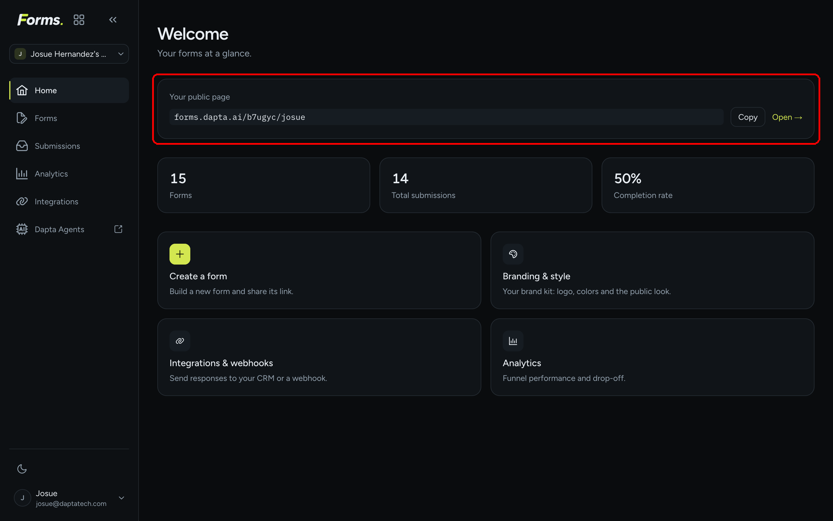 The Home page with the Your public page box highlighted, showing forms.dapta.ai/k7m2xq/alex with Copy and Open