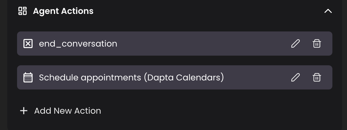 The Agent Actions list with end_conversation and Schedule appointments (Dapta Calendars)