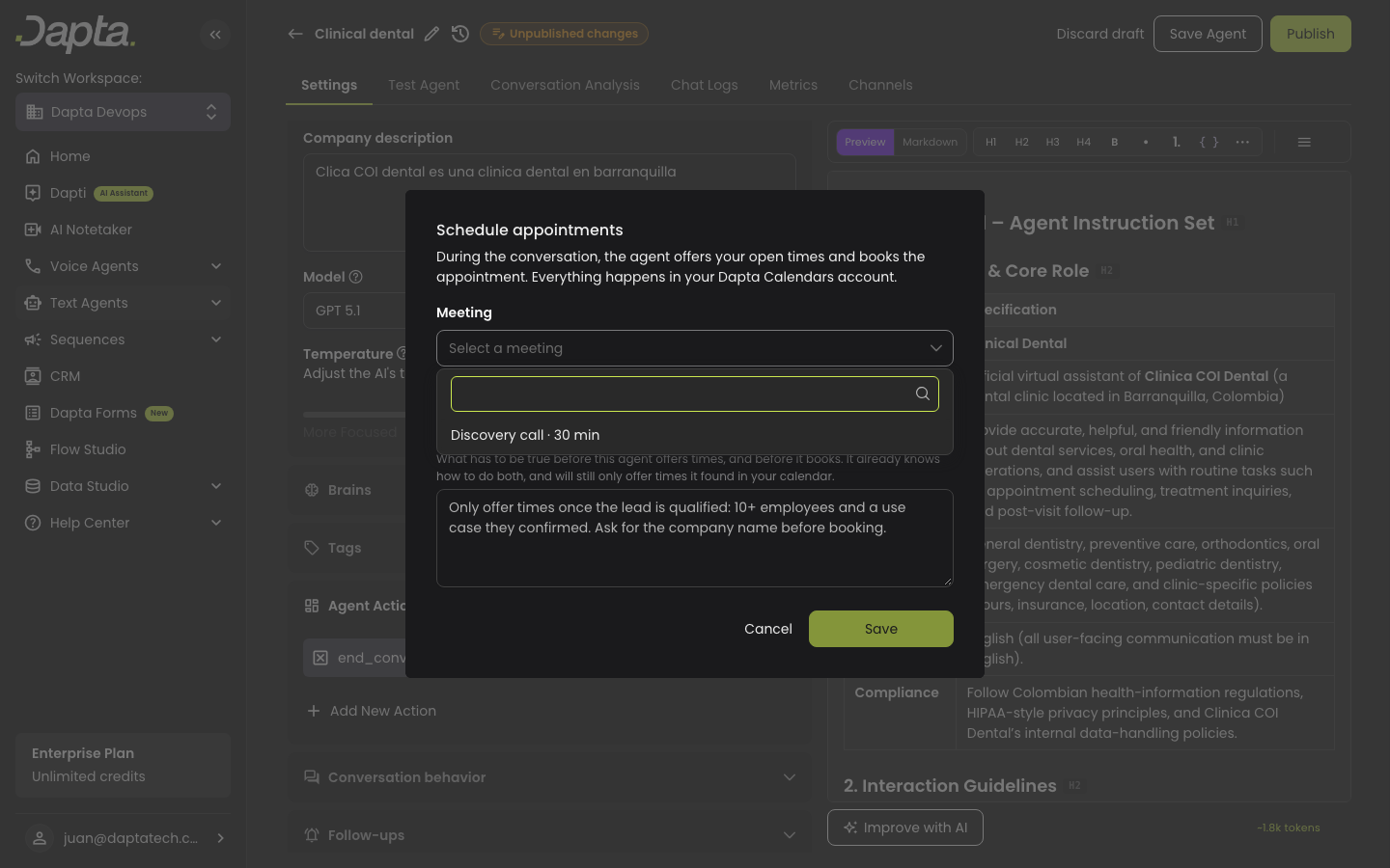 The Meeting dropdown open, showing Discovery call · 30 min