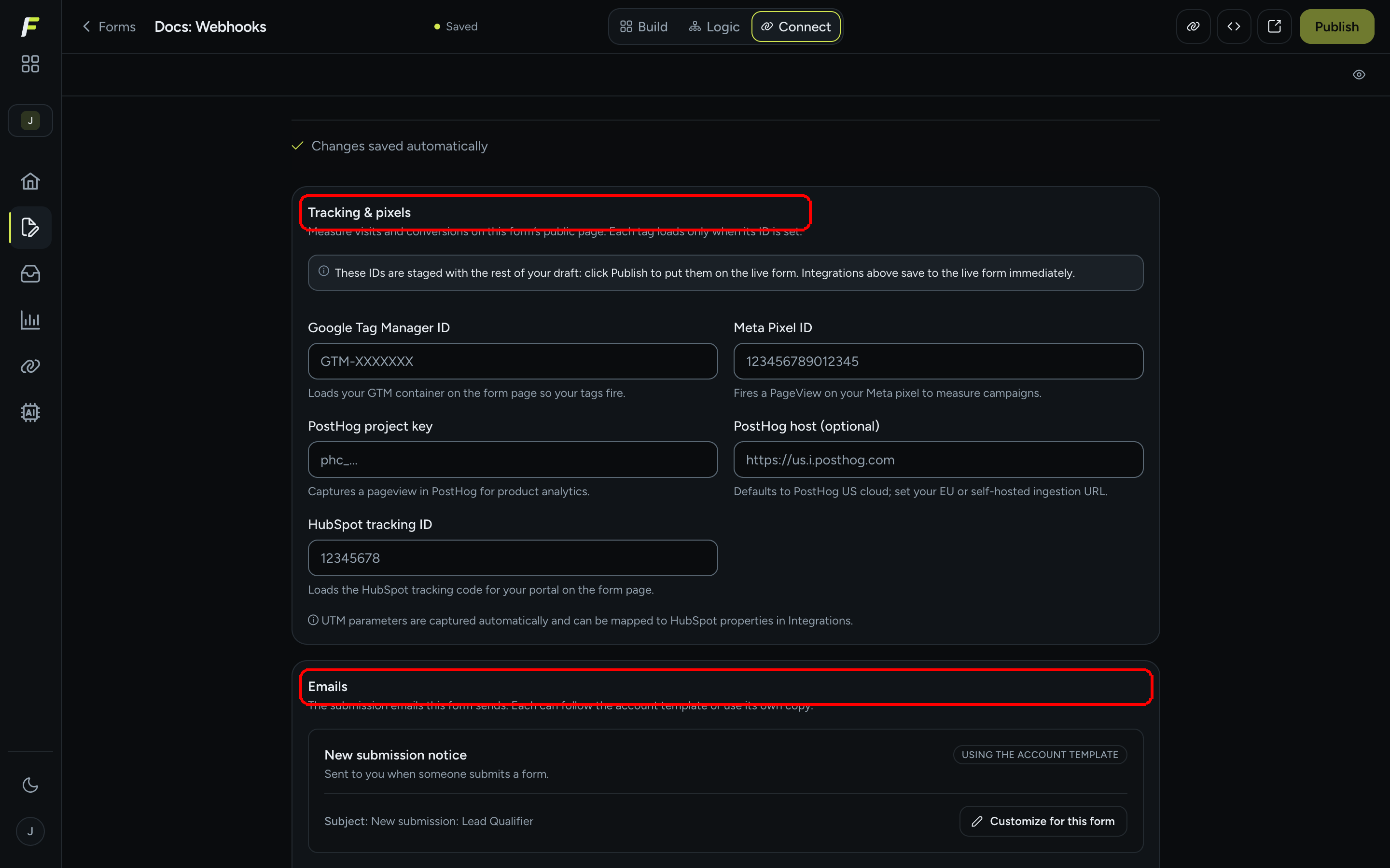 The Tracking and pixels section followed by the Emails section in the Connect tab