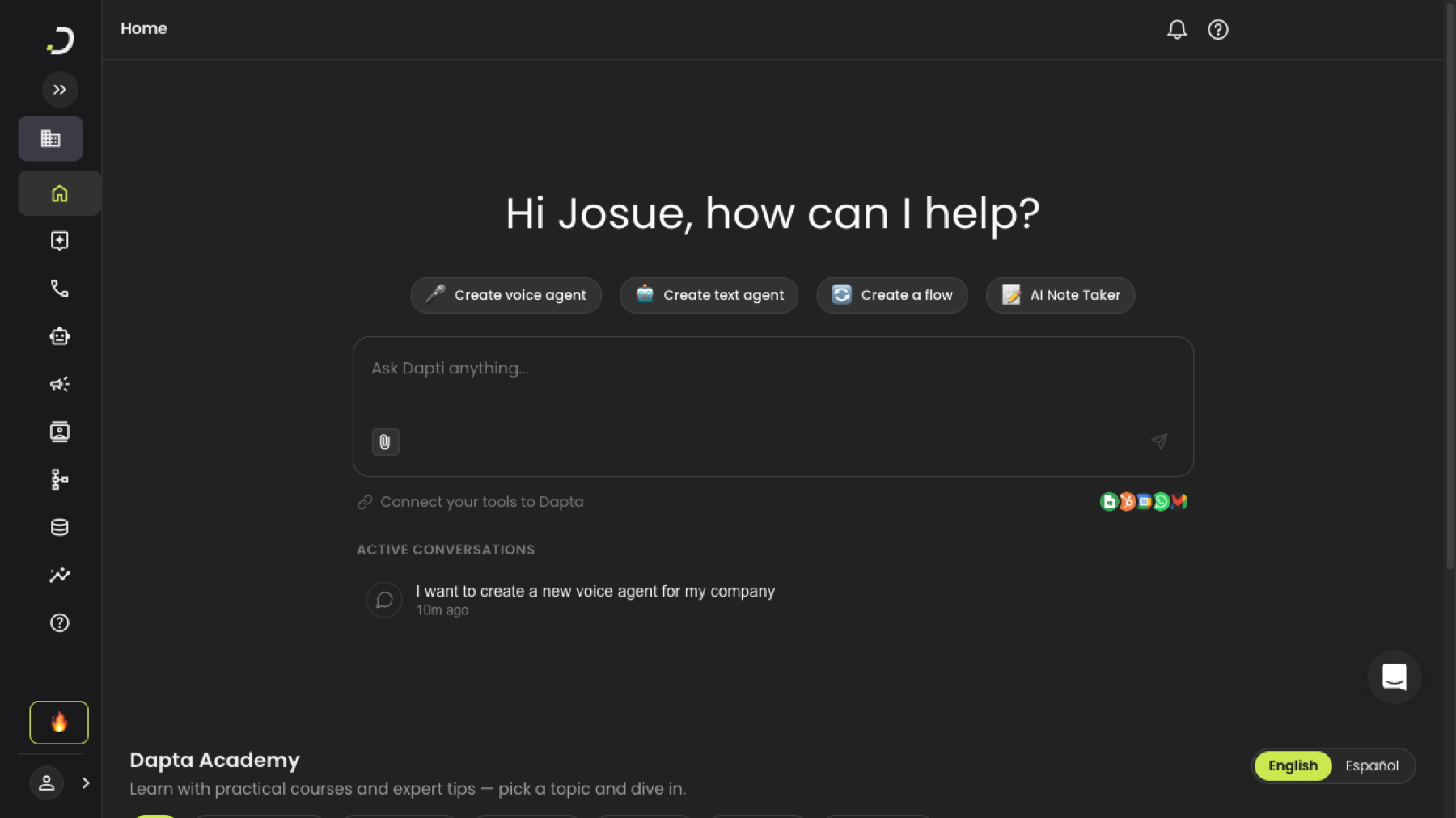 Dapti welcome screen with greeting, quick action buttons, chat input, integrations, and active conversations