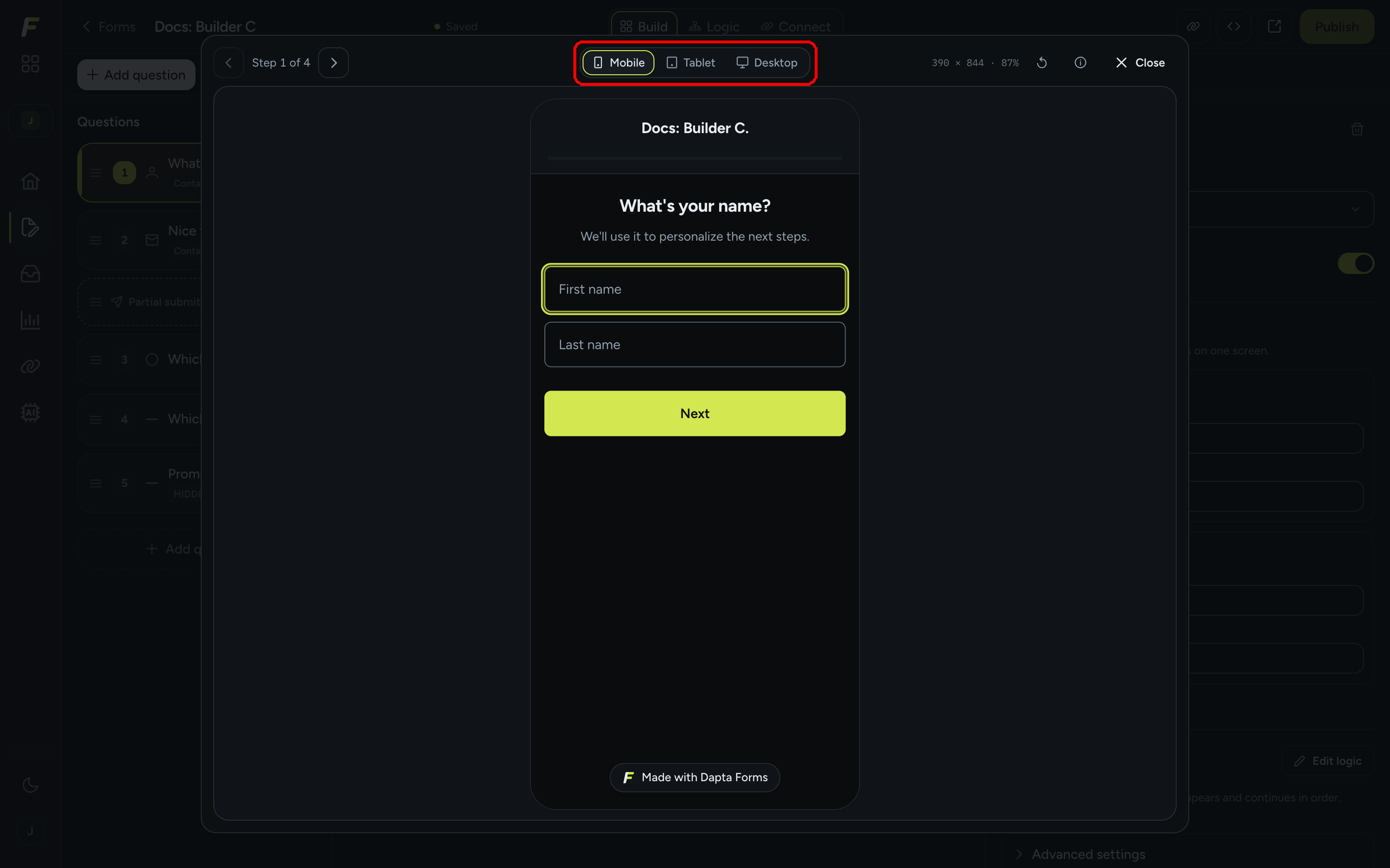 The preview modal showing the form inside a mobile phone frame, with the Mobile, Tablet and Desktop switch highlighted