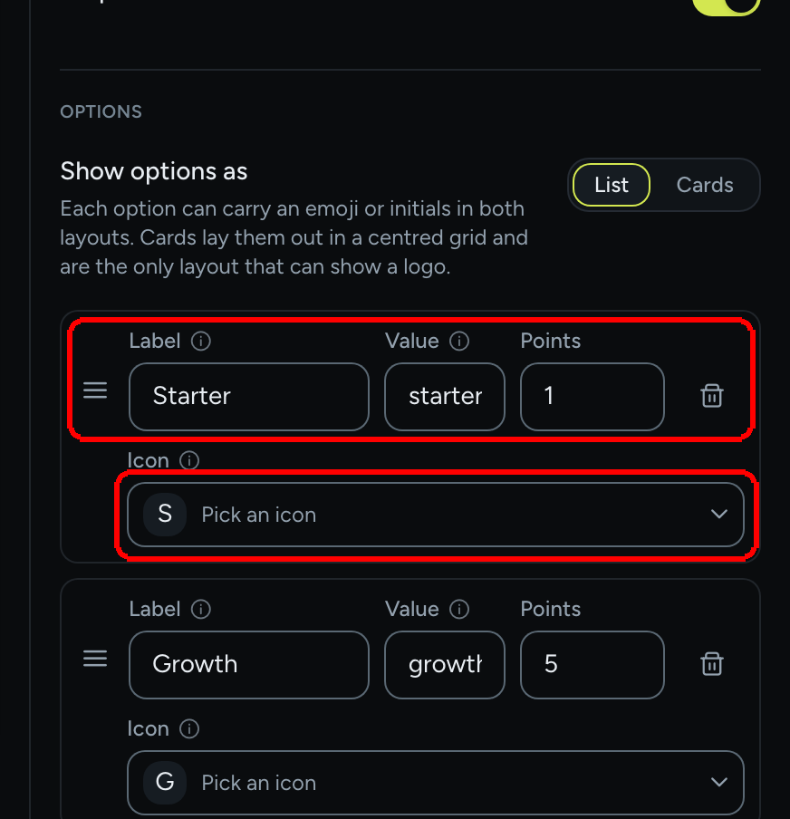 One option row with Label Starter, Value starter, Points 1 and the Icon picker button