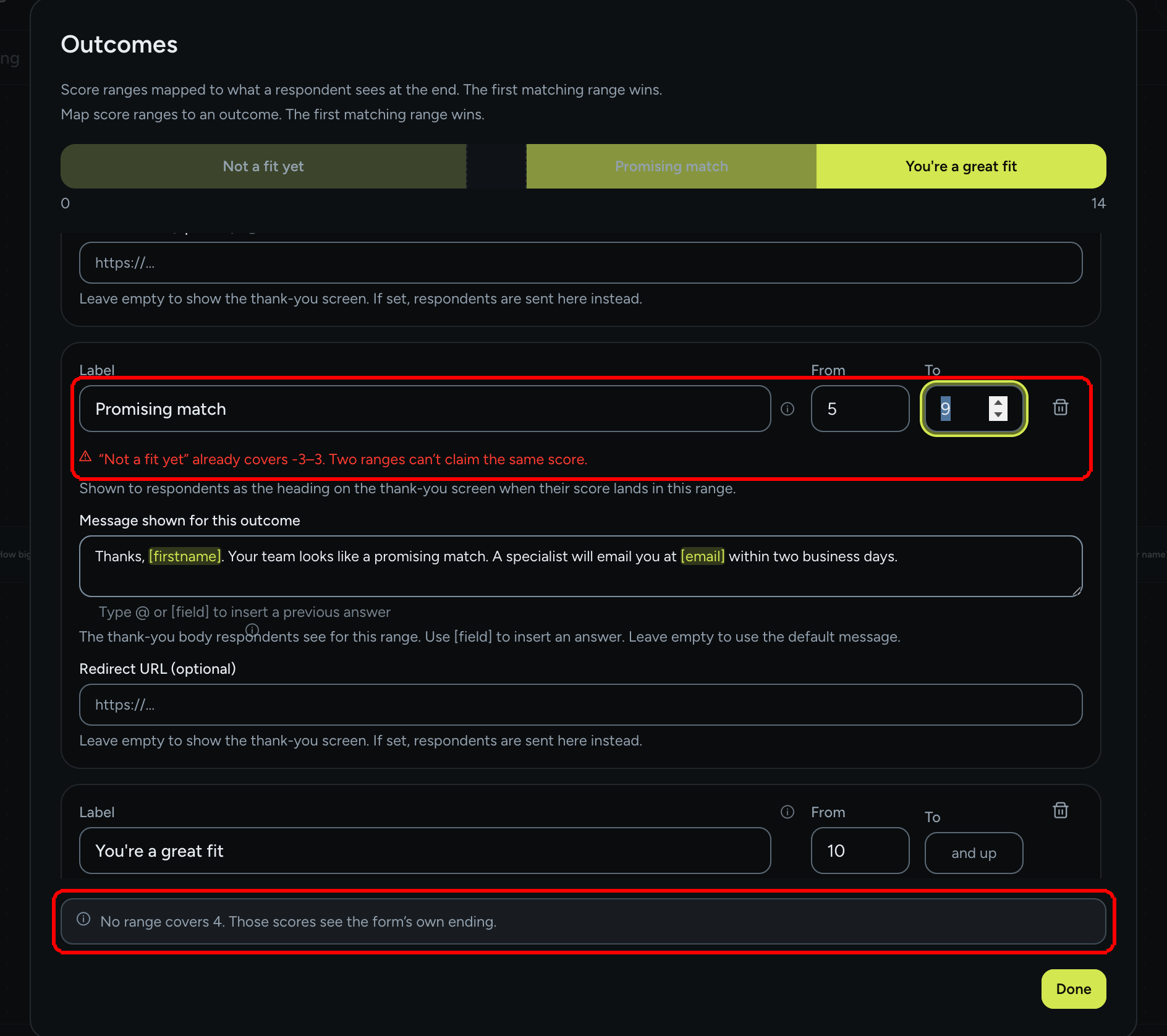 The Outcomes dialog showing an overlap error under the Promising match range and a note at the bottom reading No range covers 4. Those scores see the form's own ending.