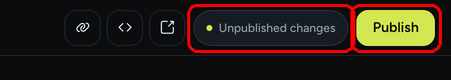 The editor topbar showing the Unpublished changes dot next to the Publish button