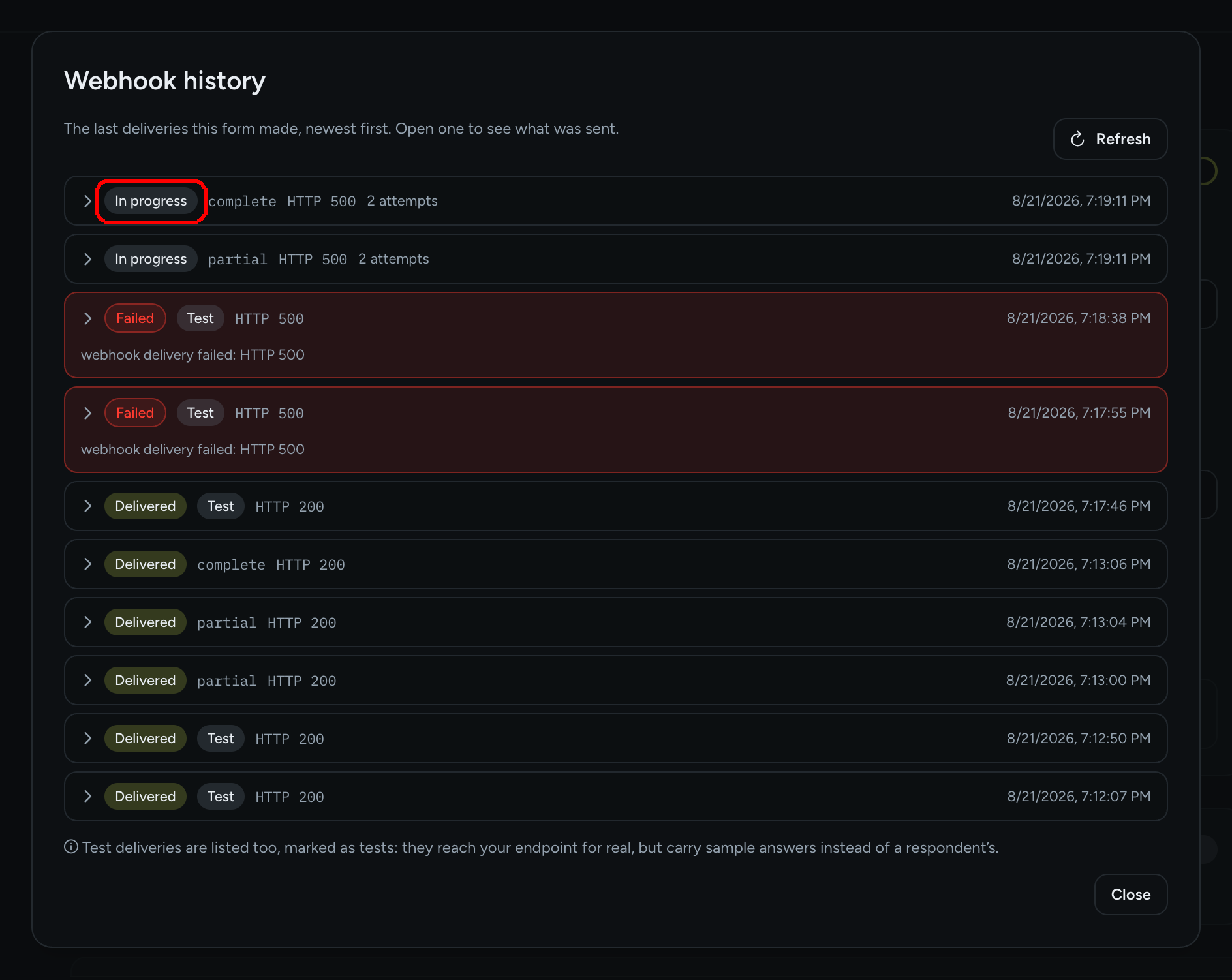 The Webhook history dialog with two rows marked In progress, HTTP 500, 2 attempts