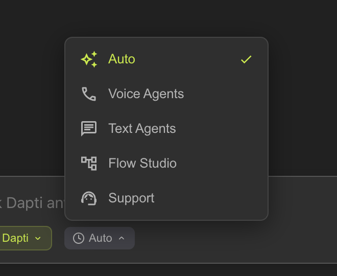 Context selector showing Auto, Voice Agents, Text Agents, Flow Studio, and Support options