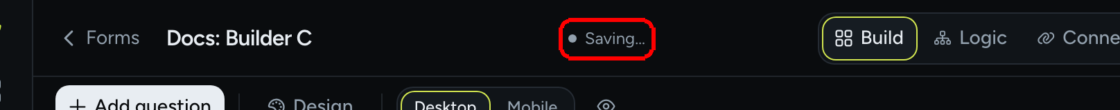 The editor topbar with the save status pill reading Saving…