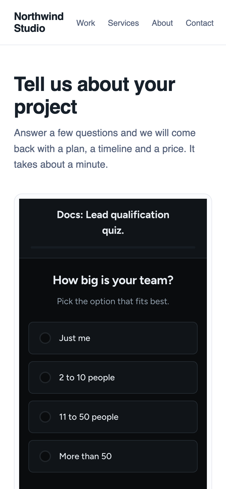 The same page and embedded form on a phone sized screen
